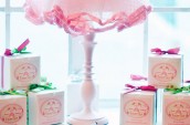 gift boxes under a lamp with a tutu looking lampshade