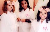 three girls with rabbit filter used on camera